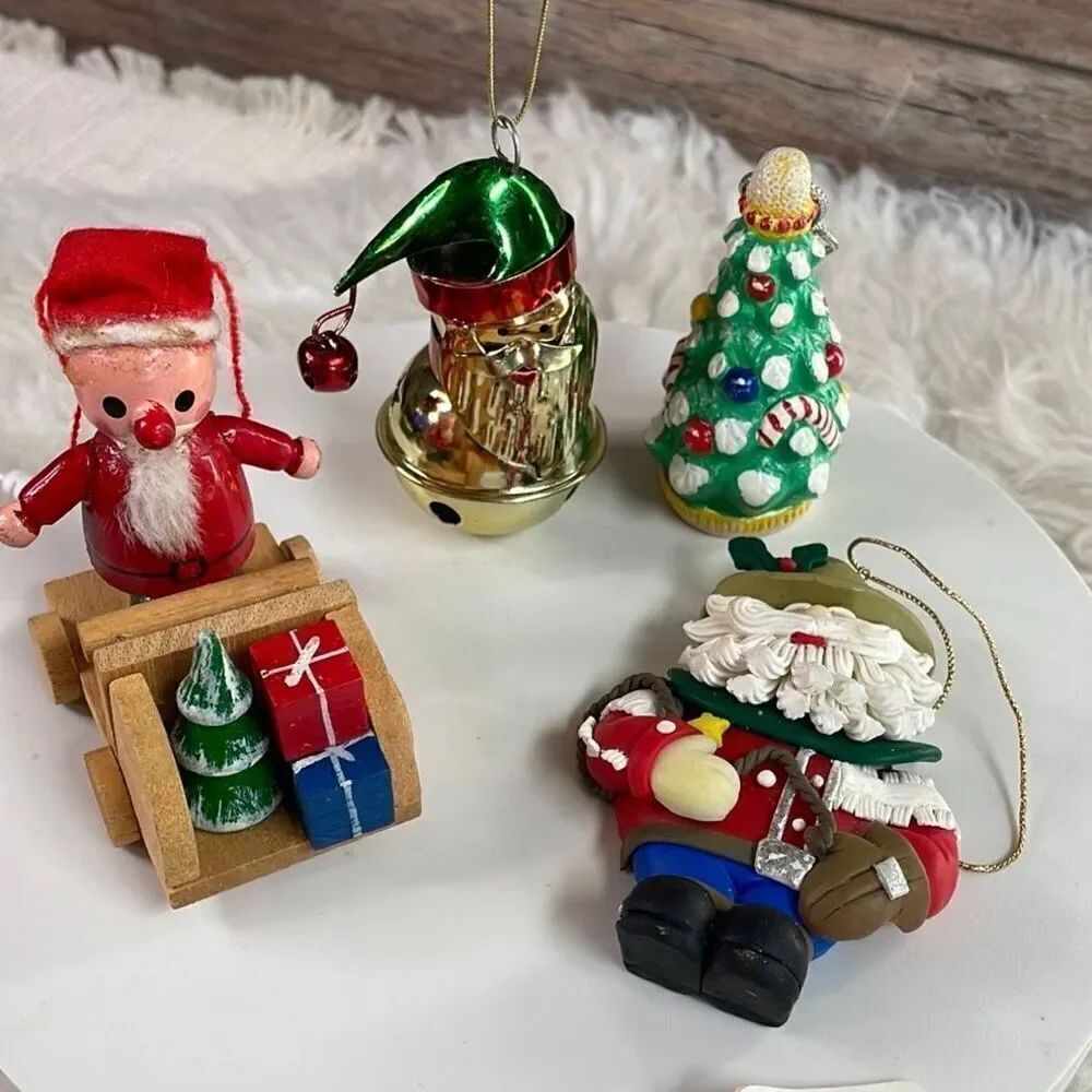 Vintage Christmas Ornament Lot of 4 Santa Xmas Tree Bell Wood Clay Resin Metal
